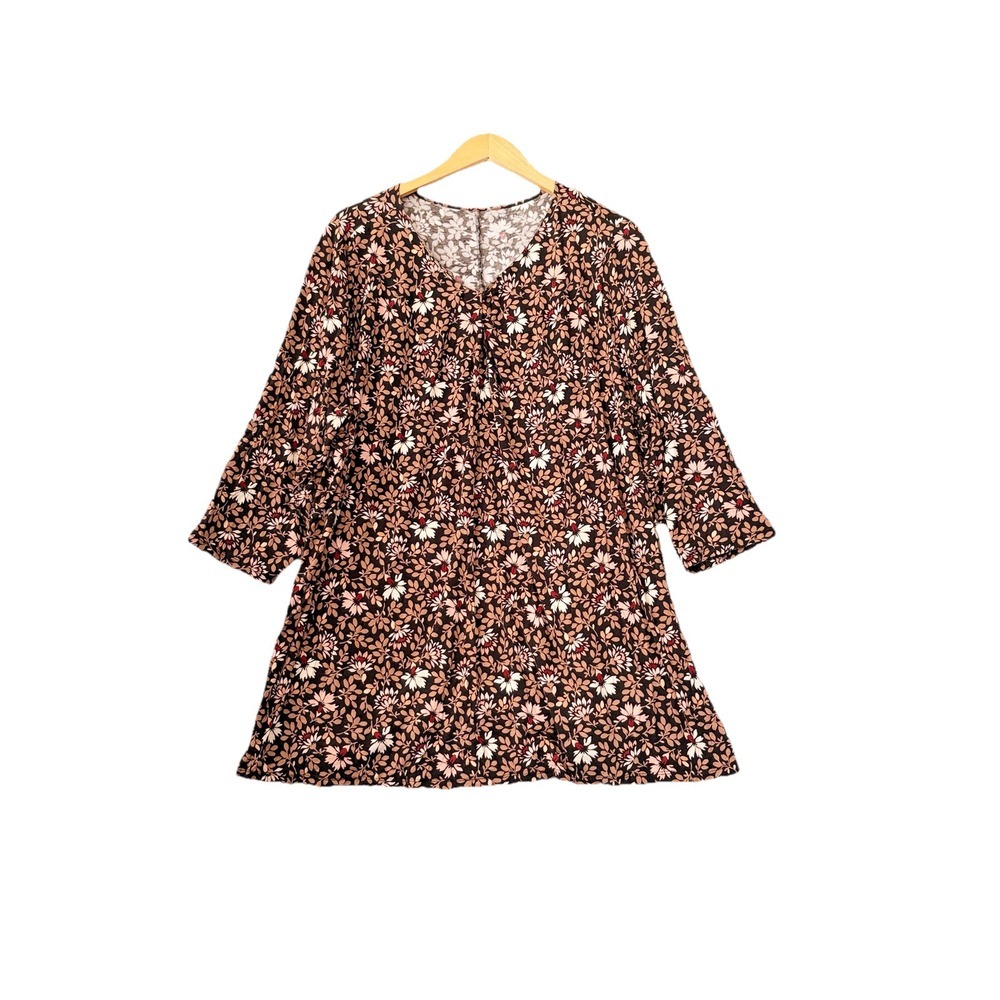 Lands End Womens Plus 2X Brown &‎ Black Floral Tunic Top Stretch Pleated Shirt